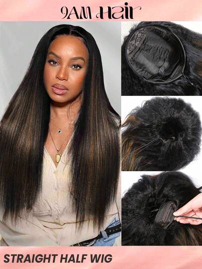 Straight Half Wig Human Hair 3 In 1 Seamless Flip Over Half Wigs Human Hair Glueless Wigs With Front Kinky Straight Hair Natural Black #30 Color Highlight Ombre Wear And Go Beginner Friendly Human Hair Drawstring Headband Wig For Women