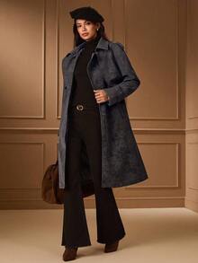 Lilora 女士复古高端极简羊毛混纺风衣，收腰中长款羊毛大衣，冬季必备 - 黑色 - 查看 3