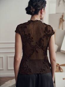 Anewsta 优雅棕色花卉蕾丝高领薄纱短袖女式衬衫 - 棕色 - 查看 2