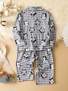 SHEIN Felix The Cat Baby Boy Plaid & Cartoon Print Button-Front Long Sleeve Top And Pants Pajama Set - Black and White - View 2