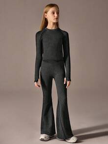 2pcs Set: Regular T-Shirt + Regular Flare Pants + Solid/Black + Sports T-Shirt + Sports Flare Pants + Activewear - Black - View 4