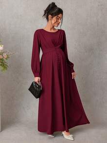 Solid Color Elegant Long Sleeve Decorative Button Maternity Dress - Red - View 3