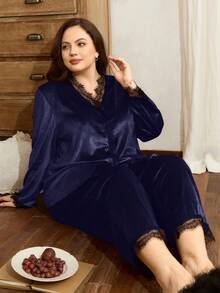 蕾丝边饰法式优雅成熟天鹅绒长袖加大码睡衣套装 - 藏蓝色 - 查看 5