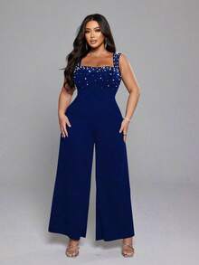 NU&NOW Plus Size Elegant & Sexy Party Bodysuit, Fitted With Decorative Pearls, Slimming - Royal Blue - View 3
