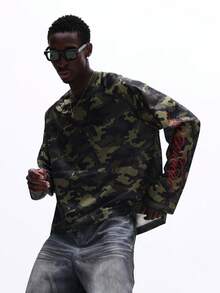 SUMWON Camouflage Long Sleeve T-Shirt With Red Script Print Regular Fit Crew Neck Streetwear Urban Style Casual Top - Multicolor - View 3