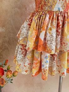 Soleia 度假风多色拼接花卉复古浪漫休闲褶皱扭结蝴蝶结露背收腰荷叶边A字连衣裙 - 彩色 - 查看 6
