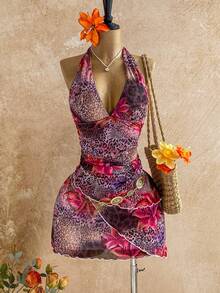 Soleia Vestido mini con estampado de leopardo y flores, con escote halter y espalda descubierta, para vacaciones - Multicolor - Ver 6