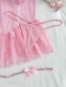 Váy xòe ren bóng gợi cảm cỡ lớn cho nữ kèm họa tiết lông thú và vòng chân, bộ 4 món - Hồng - Xem 8