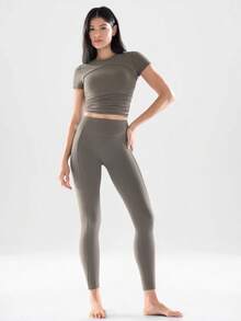 GLOWMODE FeatherFit™ Focus Drawstring Pleated Short Sleeve Tee Light Support Low Impact Yoga Pilates Studio Gym Summer - Volcanic Gray - View 6