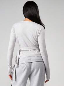 MISSGUIDED Heather Grey Wrap Long Sleeve Top With White Lace Trim Detail Ribbed Knit Casual Blouse For Fall Winter Layering - Light Grey - View 2