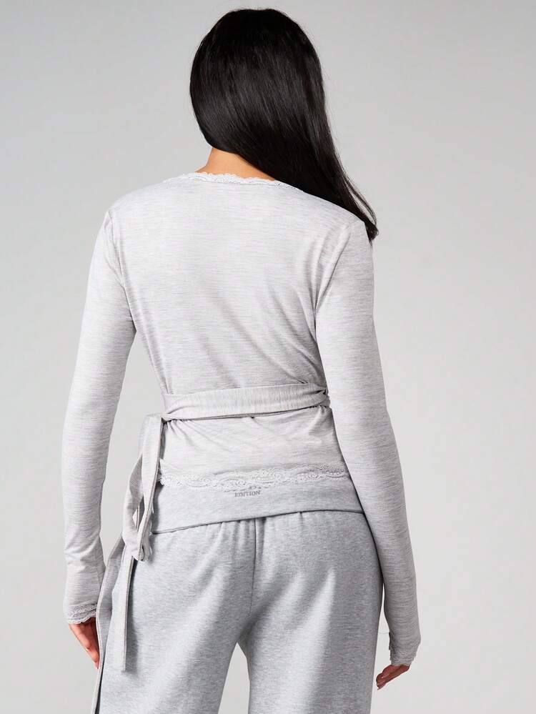 MISSGUIDED Heather Grey Wrap Long Sleeve Top With White Lace Trim Detail Ribbed Knit Casual Blouse For Fall Winter Layering