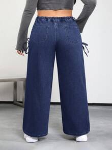 SHEIN PETITE CURVE Quần jeans cạp chéo dáng rộng, chất liệu wash, kiểu dáng thường ngày. - Rửa tối - Xem 2