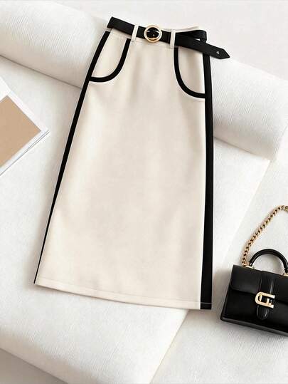 GlowEve CURVE 加大码女式杏色和黑色直筒半身裙，带口袋和拉链，适合优雅通勤、返校、办公、约会、教师节、OL职业装等场合。