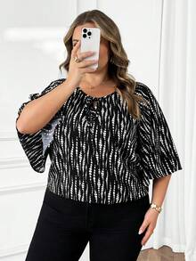 SHEIN CURVE+ 大码女式情人节系领印花荷叶袖衬衫，春冬季 - 彩色 - 查看 8