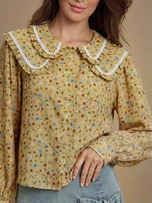 WESTFADE Áo cánh tay dài cổ Peter Pan xếp nếp hai lớp họa tiết nơ hoa, sọc ngang, cài nút phía trước - Màu vàng - Xem 3