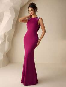 Coutiva 女士串珠露背正式晚礼服 紫色女士晚礼服 露背晚礼服 性感晚宴礼服 优雅晚礼服 优雅情人节礼服 亮片礼服 碎花礼服 紫色露背礼服 女士晚礼服 串珠垂褶礼服 洋红色鸡尾酒礼服 精致晚宴礼服 - 紫羅蘭色 - 查看 2