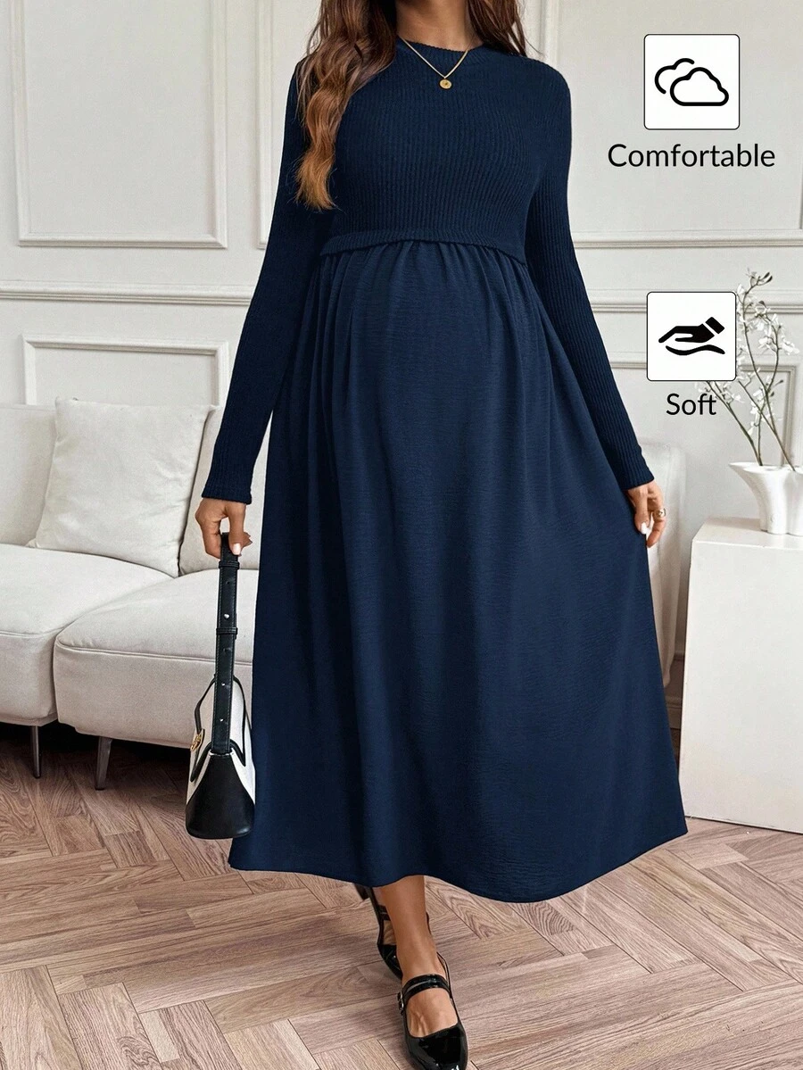 SHEIN Maternity Solid Color Round Neck Long Sleeve Pleated Casual Dress - Navy Blue - View 1