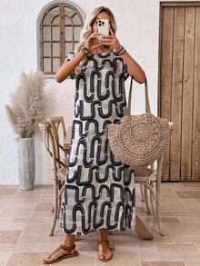 EMERY ROSE 女士全印花圆领蝙蝠袖短袖休闲宽松连衣裙 - 彩色 - 查看 3