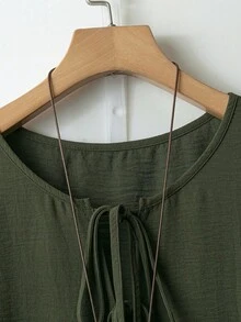 Linhara 女士大码纯色上衣，正面饰有蝴蝶结，搭配波西米亚印花拼接阔腿裤，时尚、优雅、百搭的两件套，适合休闲、通勤和海滩度假。 - 彩色 - 查看 4