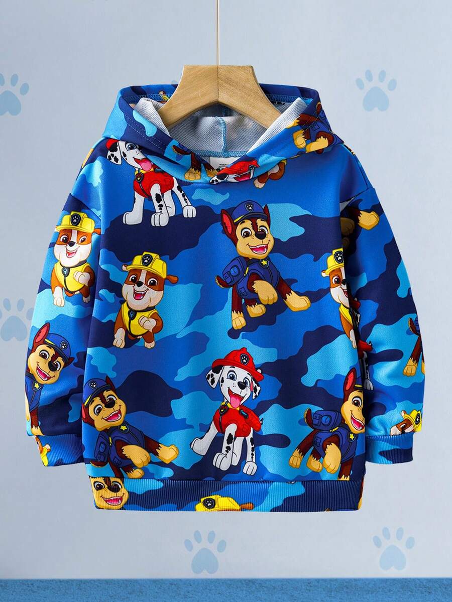 SHEIN | PAW Patrol 男童可爱卡通狗迷彩印花连帽卫衣，适合秋冬季户外运动。 - 藍色 - 查看 1