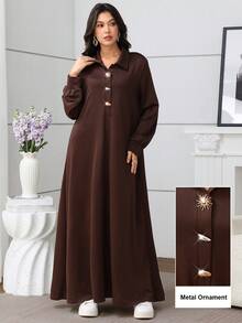 Seusyu Váy nữ thanh lịch màu trơn có cổ bẻ, khóa kim loại trang trí và viền xòe, tay dài - màu nâu - Xem 2