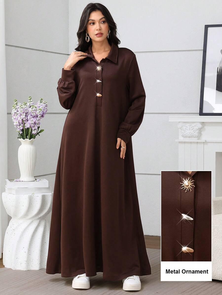 Seusyu Váy nữ thanh lịch màu trơn có cổ bẻ, khóa kim loại trang trí và viền xòe, tay dài