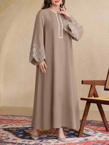 Al Najma Fashionable Flare Sleeve Embroidered Round Neck Swing Dress - Coffee Brown - View 5