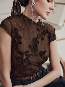 Anewsta 优雅棕色花卉蕾丝高领薄纱短袖女式衬衫 - 棕色 - 查看 1
