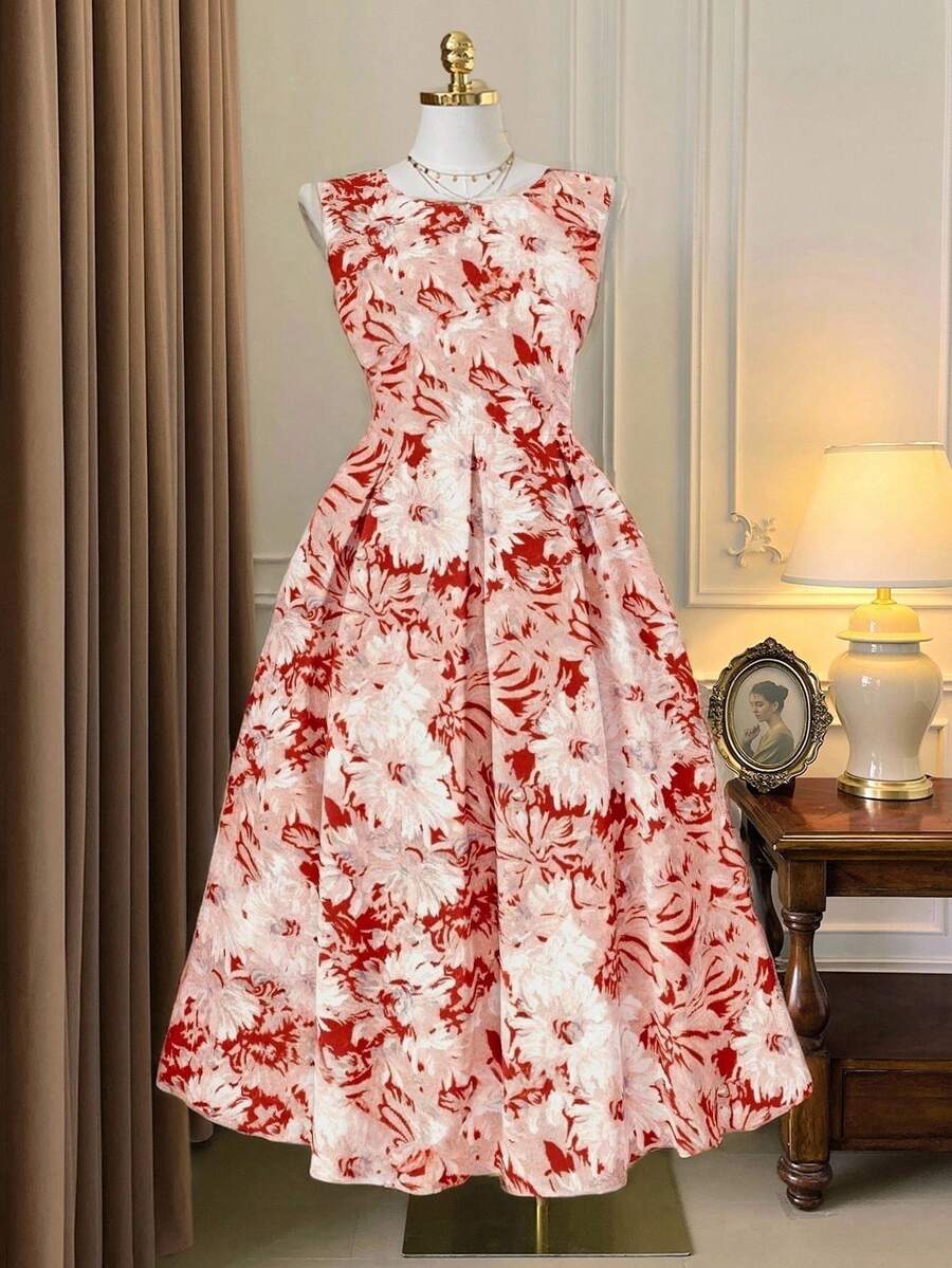 Rometta 大码女士优雅印花褶皱中长连衣裙，无袖，适合夏季日常穿着 - 棕色 - 查看 1