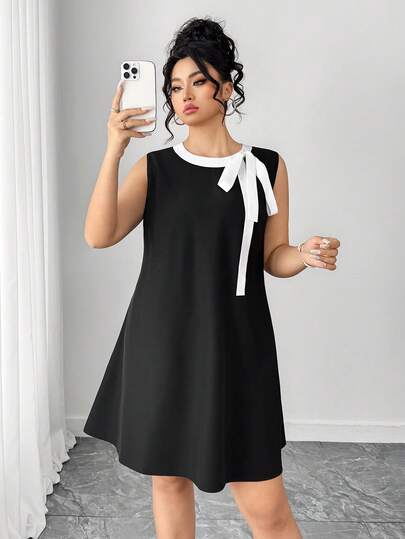 Elenzga Plus Size Women's Elegant Contrast Color Bow Tie Back Sleeveless Dress, Korean Style Sweet Girl Dress For Commute, Party, Banquet, Romantic