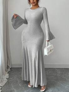 Elenzga 大码女士优雅纯色罗纹针织荷叶边喇叭袖修身中长连衣裙，春秋季 - 灰色 - 查看 7