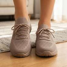 Mujer Zapatillas Deportivas De Tejido De Punto Transpirable Con Cordones Suela Gruesa Caqui - Caqui - Ver 3