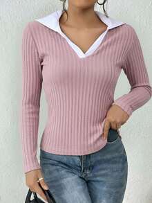 Blusa mujer manga larga acanalada cuello tipo camisa escote en V diseño elegante ajustado textura suave ideal oficina casual outfits modernos - Rosa - Ver 3