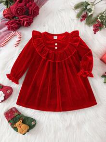 SHEIN Elegant Velvet Green Ruffle Trim Long Sleeve Dress Valentine's Day - Red - View 6