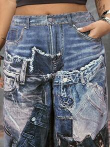 ROMWE EDITION Quần jeans ống rộng in họa tiết denim thời trang cỡ lớn - Màu xanh lam - Xem 7