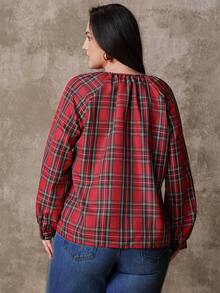 SHEIN LUNE Plus Size Women's Plaid V-Neck Raglan Sleeve Casual Shirt - Multicolor - View 2