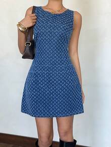 Siren Gaze 女士圆领无袖休闲时尚通勤牛仔连衣裙 - 深色水洗藍 - 查看 4