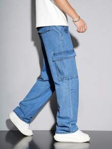 Claim Dot Men Casual Flap Pocket Side Cargo Jeans Jeans For Men Cargo Baggy - Medium Wash - View 6