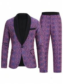 Manfinity AFTRDRK 男士紫色奢华派对西装套装，包括西装外套和长裤，采用时尚花卉图案面料，也是送给朋友、男友或丈夫的理想礼物。 - 紫色 - 查看 4