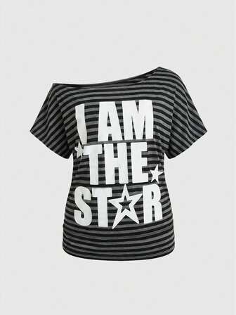 J-Fashion Camiseta de talla grande con estampado de eslogan y estrella, estilo Y2K