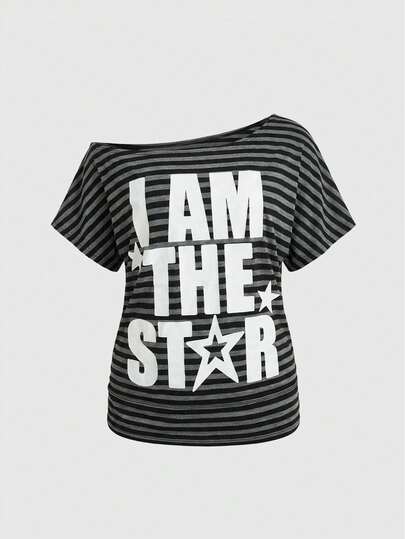 J-Fashion T-shirt multiportable grande taille avec imprimé slogan et étoile Y2K