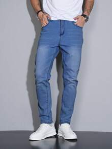 Manfinity Homme Jeans vaqueros clásicos de corte slim y color azul oscuro, versátiles y casuales, para hombres de talla grande - Celeste - Ver 3