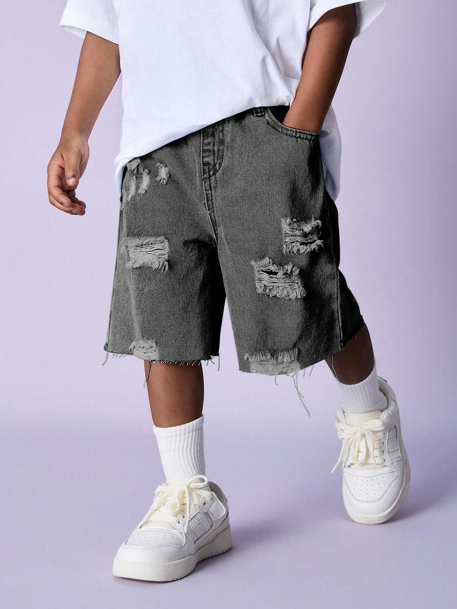 SHEIN 男童做旧休闲破洞浅蓝色宽松牛仔长款短裤，适合春夏日常穿着 - 黑色 - 查看 1