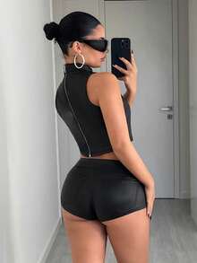 Jeanoix Fashionable Y2K Sexy Hollow Out Stretchy Fitted Women Coated Top - Black - View 2