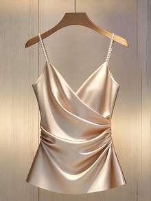 Franclia Sexy Minimalist Camisole With Studded Criss-Cross Neckline And Ruched Detailing, Fitted Satin Dress Elegant Champagne Dress Pearl Dress Silk Dresses Champagne Evening Gown Pearl Strap Top Satin Top Elegant Silk Top Champagne Top Ruched Top Elegant Satin Top - Apricot - View 3
