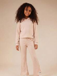 SUMWON Ribbed Knit Hoodie And Flare Pants Co-Ord Set Hood Casual Lounge Wear Matching Outfit Vacation - Apricot - View 1
