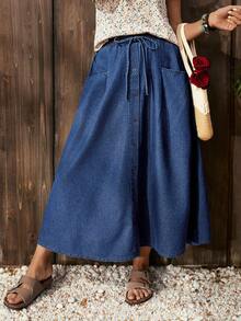 EMERY ROSE Chân váy midi denim dáng chữ A, thắt eo, có túi và cúc cài, dành cho nữ, kiểu dáng thường ngày. - Màu xanh lam - Xem 7