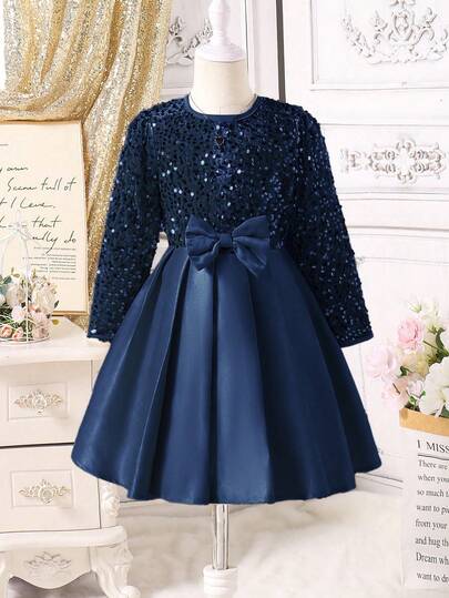 Glamorique Kids Girls Sequin Contrast Mesh Bow Decor Elegant Princess Long Sleeve Dress