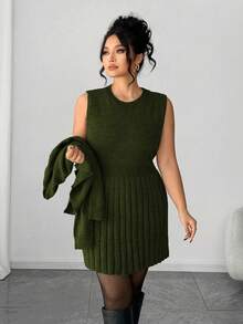 Elenzga Đầm không tay thanh lịch dành cho nữ kèm áo khoác cardigan dài tay, bộ đồ dệt kim dáng rộng cỡ lớn, áo khoác ngoài, trang phục mùa đông - xanh quân đội - Xem 4