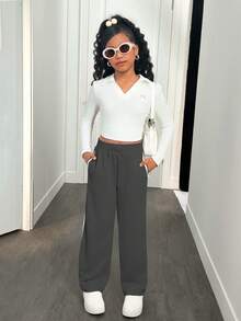 SHEIN 少女宽松抽绳腰休闲日常时尚运动裤 - 深灰色 - 查看 5